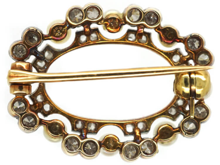 Edwardian 15ct Gold & Platinum, Natural Pearl & Diamond Oval Brooch