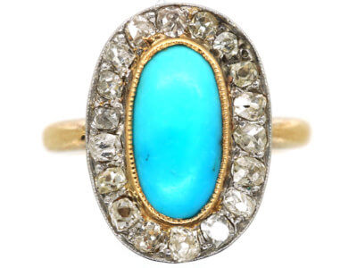 Edwardian 18ct Gold, Turquoise & Diamond Oval Cluster Ring