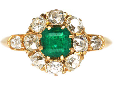 Edwardian 18ct Gold, Emerald & Diamond Cluster Ring