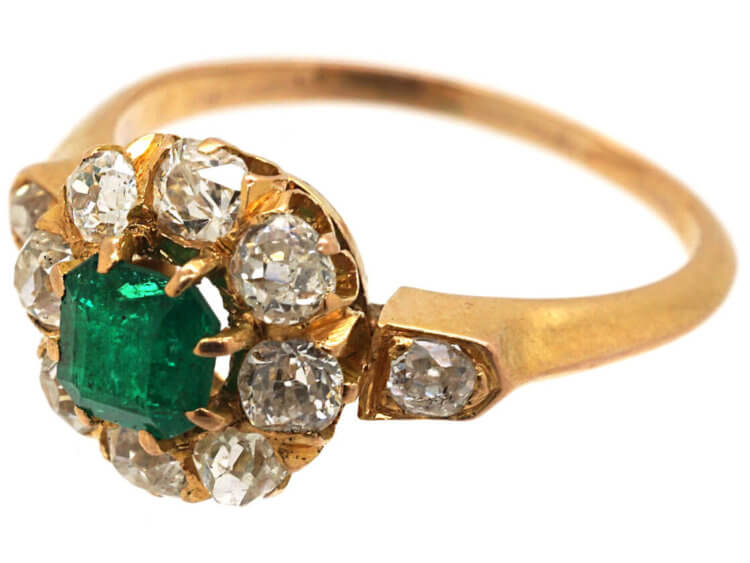 Edwardian 18ct Gold, Emerald & Diamond Cluster Ring
