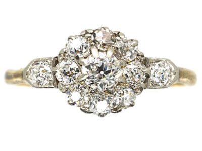 Edwardian 18ct Gold & Diamond Cluster Ring with Diamond Set Shoulders