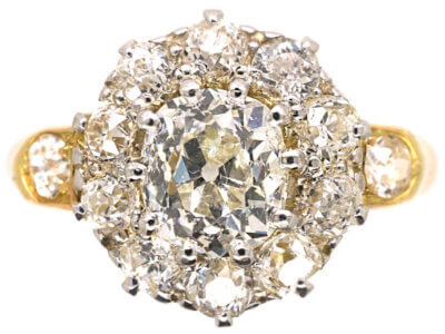 Edwardian 18ct Gold Diamond Cluster Ring with Diamond Set Shoulders