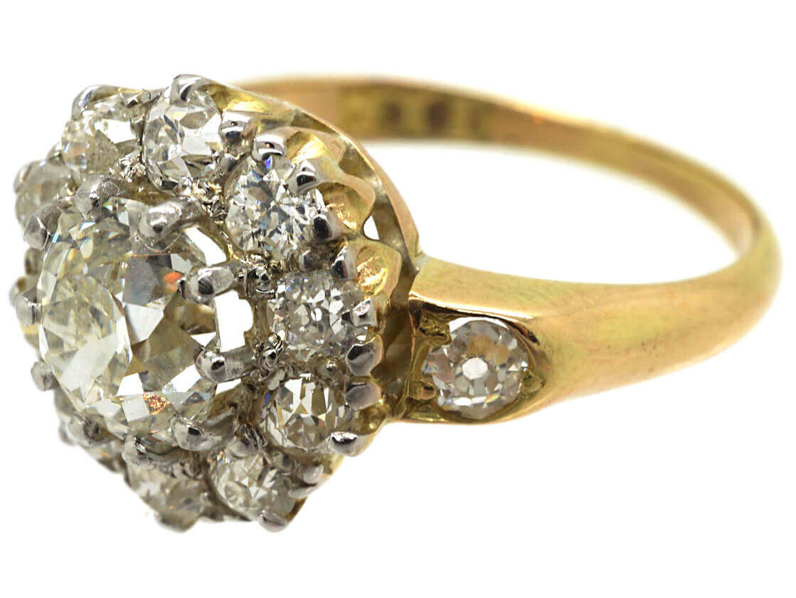 Edwardian 18ct Gold Diamond Cluster Ring with Diamond Set Shoulders ...