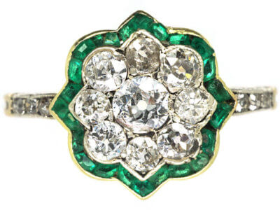 Art Deco 18ct Gold & Platinum, Emerald & Diamond Cluster Ring