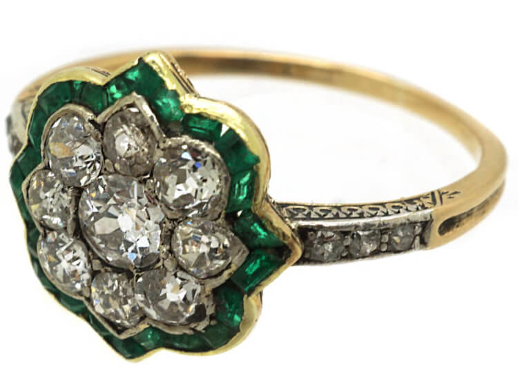 Art Deco 18ct Gold & Platinum, Emerald & Diamond Cluster Ring
