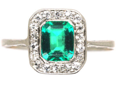 Art Deco Platinum, Emerald & Diamond Rectangular Ring