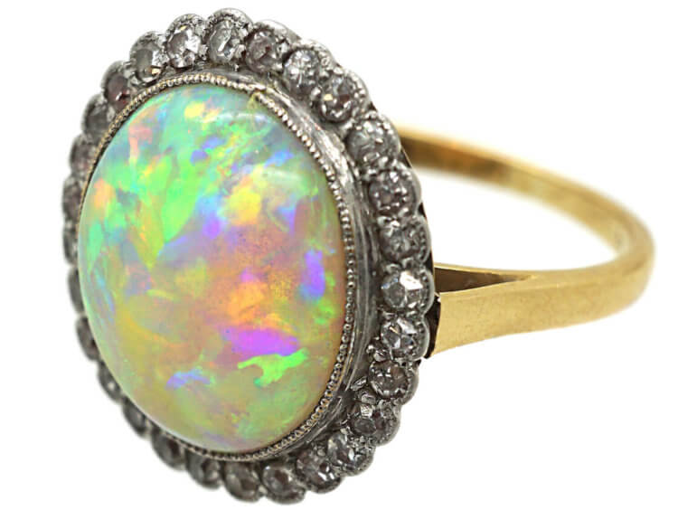 Edwardian Large 18ct Gold, Opal & Diamond Cluster Ring