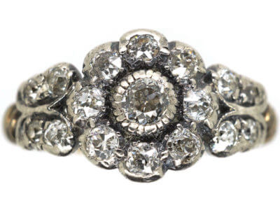 Victorian Diamond Cluster Ring with Diamond Set Leaf Shoulders