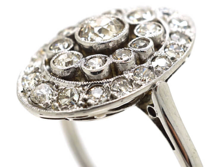 Art Deco French Platinum & Diamond Oval Cluster Ring