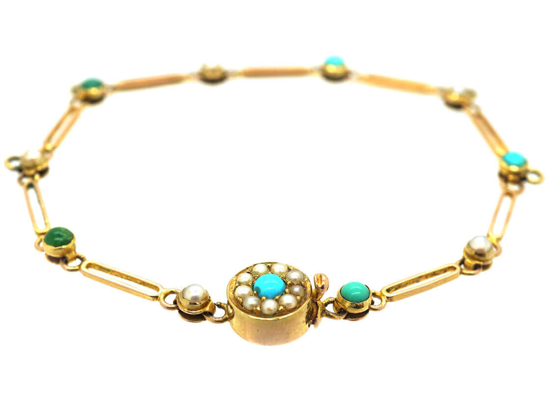 Edwardian 15ct Gold Turquoise & Natural Split Pearl Bracelet for Charms ...