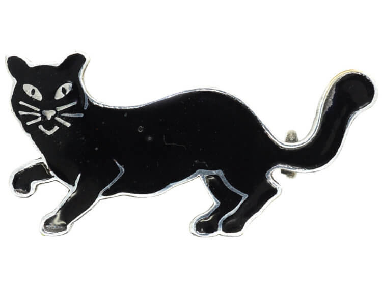 Art Deco Silver & Black Enamel Lucky Cat Brooch