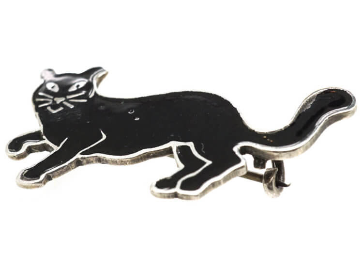 Art Deco Silver & Black Enamel Lucky Cat Brooch