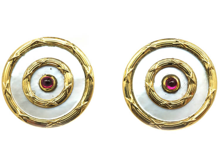 Edwardian 18ct Gold , Mother of Pearl & Cabochon Ruby Earrings