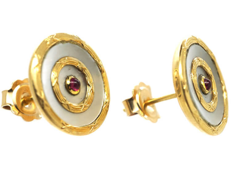 Edwardian 18ct Gold , Mother of Pearl & Cabochon Ruby Earrings