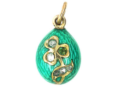 Russian 14ct Gold & Turquoise Enamel & Diamond Shamrock Egg Pendant