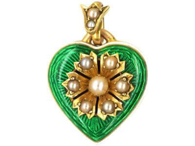 Edwardian 15ct Gold, Enamel & Natural Split Pearl Heart Pendant with Locket Back