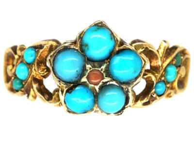 Regency 15ct Gold, Coral & Turquoise Forget me Not Ring