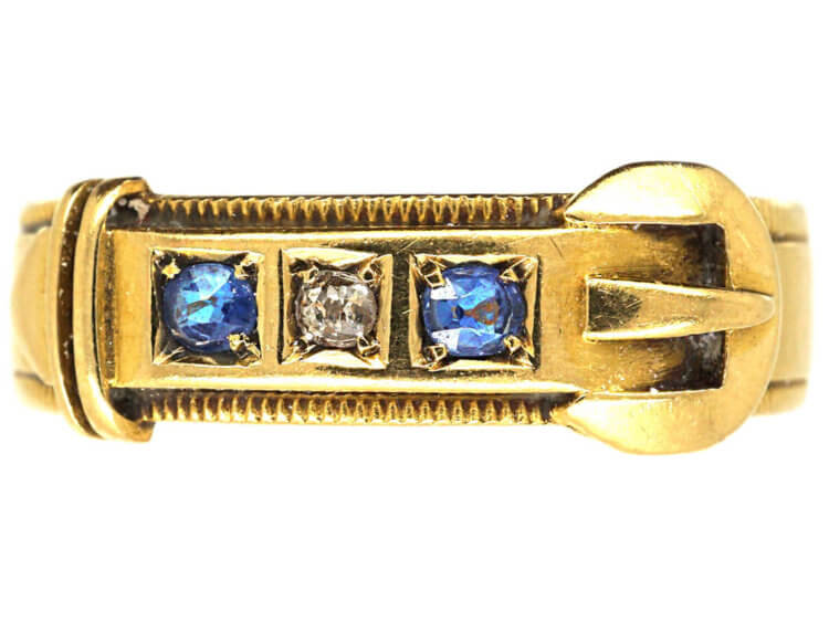 Victorian 18ct Gold Buckle Ring set with Sapphires & a Diamond