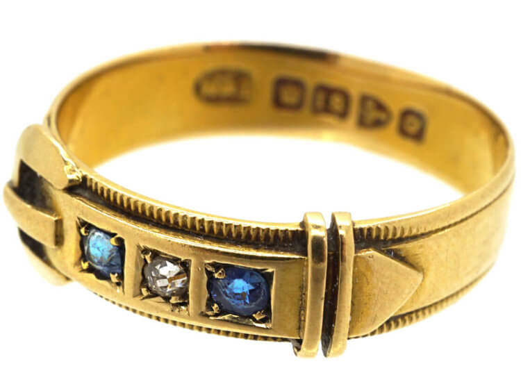 Victorian 18ct Gold Buckle Ring set with Sapphires & a Diamond