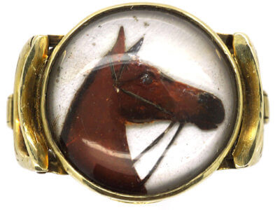 Art Deco 14ct Gold Reverse Intaglio Rock Crystal of a Horse's Head Ring