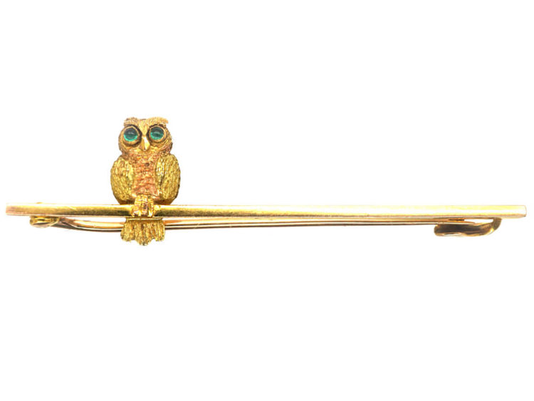 Edwardian 9ct Two Colour Gold Owl on a Bar