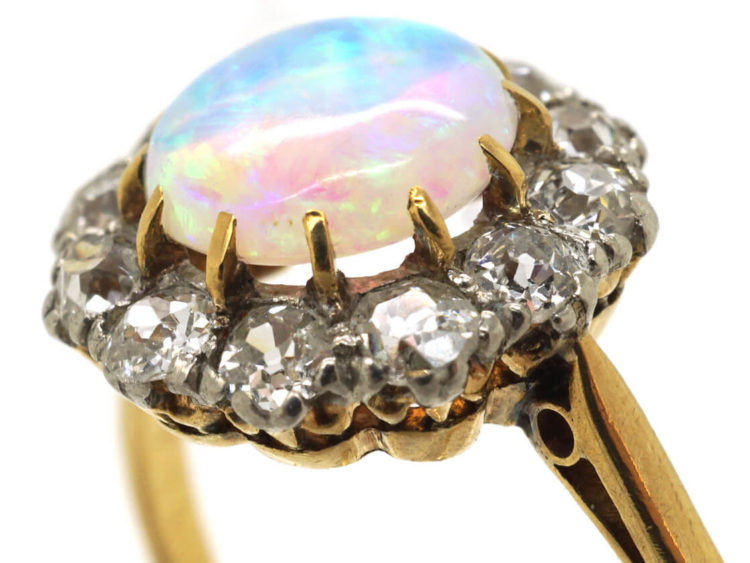 Edwardian 18ct Gold and Platinum, Opal & Diamond Cluster Ring