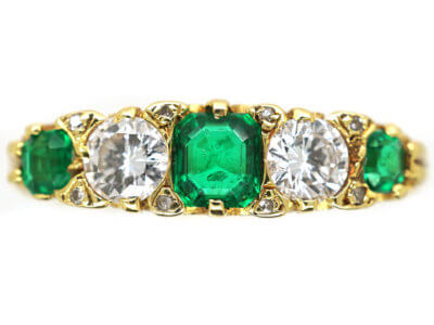 18ct Gold Emerald & Diamond Five Stone Ring made by Mappin & Webb