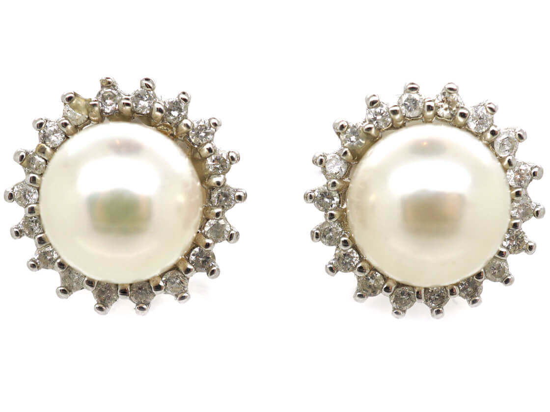 14ct White Gold, Pearl & Diamond Cluster Earrings (686M) | The Antique ...