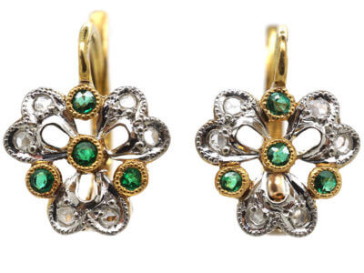 French 18ct Gold Emerald & Diamond Trefoil Earrings