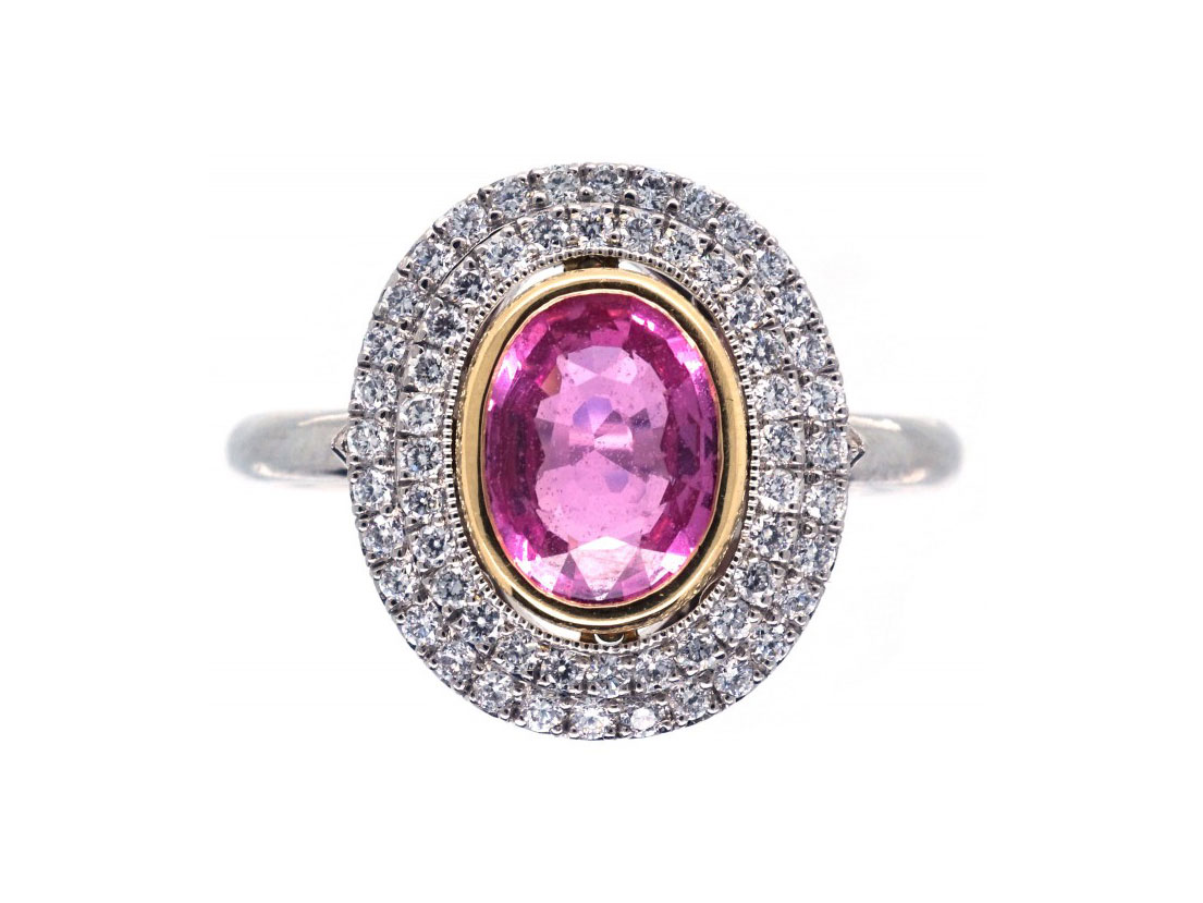 Platinum, Pink Sapphire & Diamond Oval Cluster Ring
