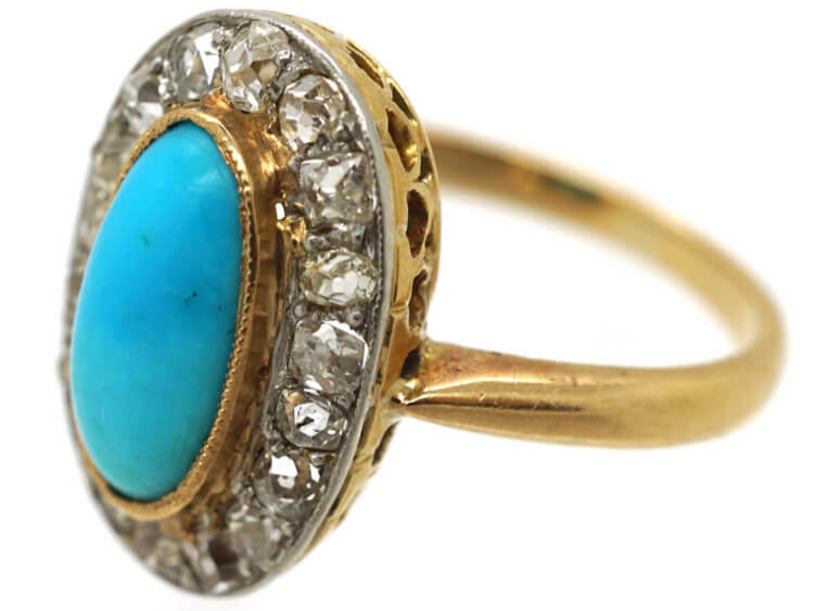 Edwardian 18ct Gold, Turquoise & Diamond Oval Cluster Ring