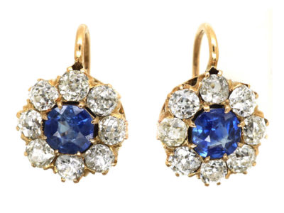 Edwardian 18ct Gold, Sapphire & Diamond Cluster Earrings