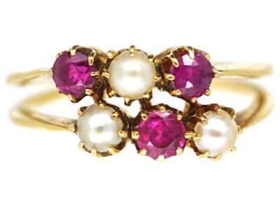 Edwardian 18ct Gold Two Row Ruby & Natural Pearl Ring