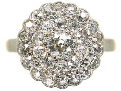 Late Edwardian 18ct Gold & Platinum, Diamond Triple Row Pave Set Cluster Ring