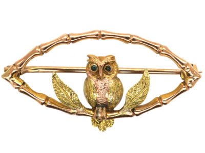 Edwardian 9ct Two Colour Gold Owl Brooch with Emerald Eyes