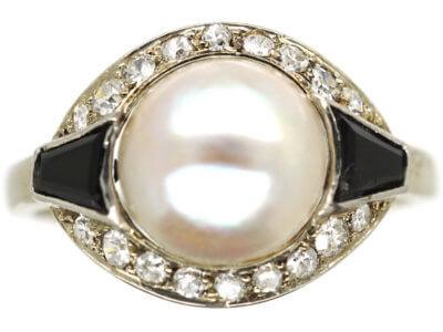 Art Deco 18ct White Gold, Onyx, Pearl & Diamond Ring