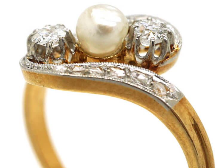 Art Nouveau 18ct Gold & Platinum, Diamond & Natural Pearl Crossover Ring