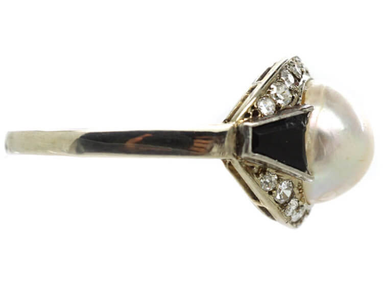Art Deco 18ct White Gold, Onyx, Pearl & Diamond Ring