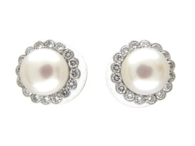 18ct White Gold Diamond & Pearl Cluster Earrings (134K) | The Antique ...