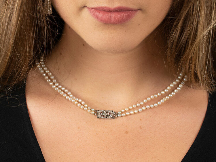 Two Row Graduated Pearl Necklace with Diamond Clasp
