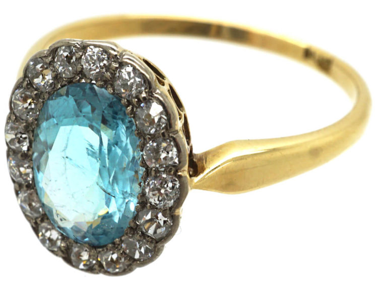 Edwardian 18ct Gold, Aquamarine & Diamond Cluster Ring