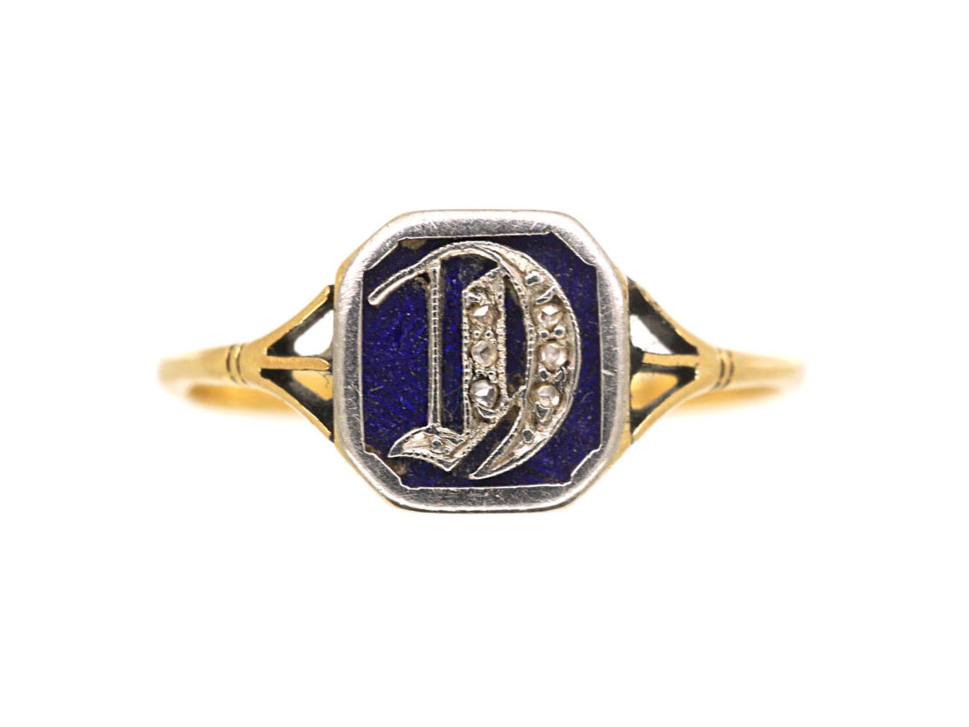 Edwardian 18ct Gold, Platinum, Blue Enamel & Rose Diamond Ring with Initial D