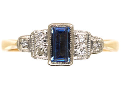 Art Deco 18ct Gold & Platinum, Sapphire & Diamond Step Cut Ring