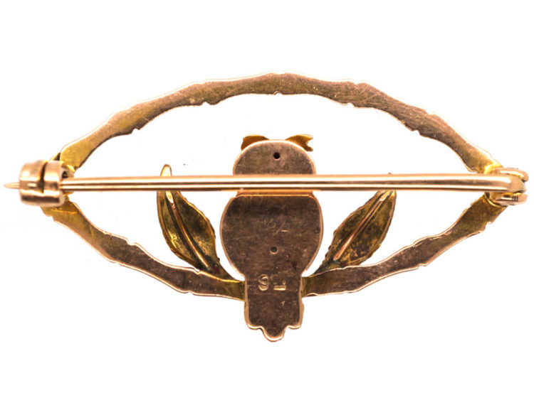 Edwardian 9ct Two Colour Gold Owl Brooch with Emerald Eyes
