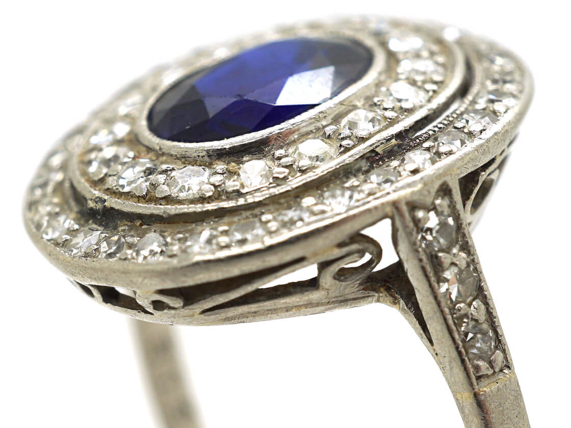 Edwardian Platinum, Sapphire & Diamond Oval Double Cluster Ring (633M ...