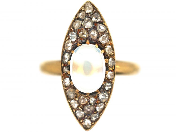 Edwardian 18ct Gold Marquise Shaped Diamond & Moonstone Ring