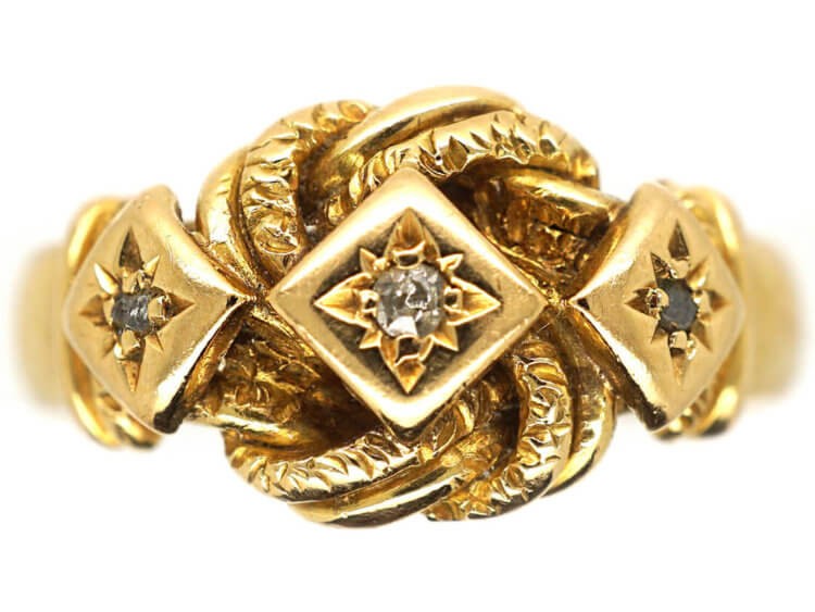 Edwardian 18ct Gold Lover's Knot Ring Set With Three Diamonds
