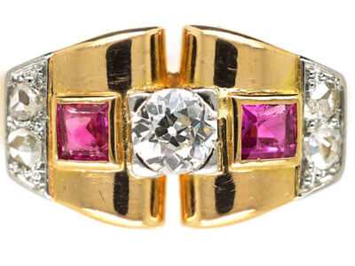 Art Deco 18ct Gold, Ruby & Diamond Geometric Ring