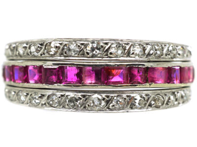 Art Deco 18ct White Gold Ruby, Diamond & Sapphire Flipover Ring