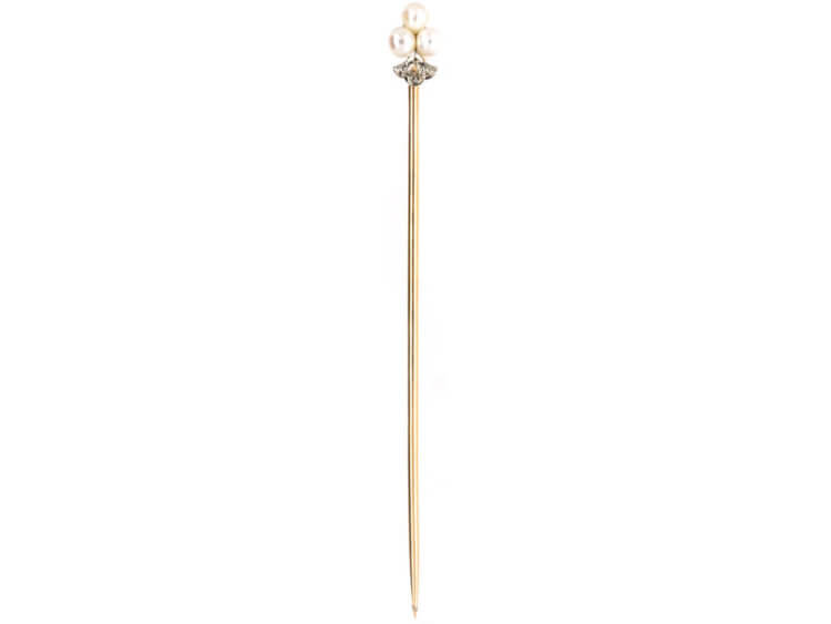 French 18ct Gold, Natural Pearl & Rose Diamond Tie Pin